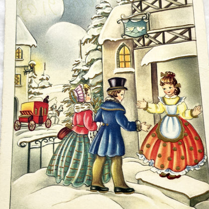 1950s - Antique French Bonne Année Postcard - Vintage Snowy Village Scene - New Year Greeting Card - Festive Winter Illustration Collectible