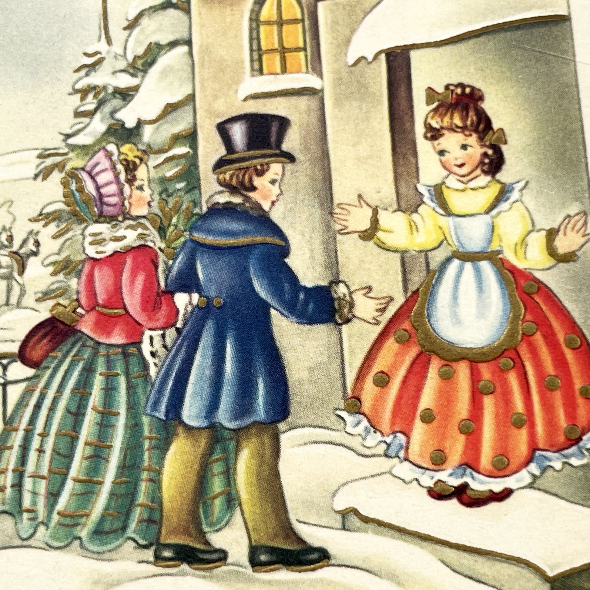 1950s - Antique French Bonne Année Postcard - Vintage Snowy Village Scene - New Year Greeting Card - Festive Winter Illustration Collectible