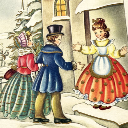 1950s - Antique French Bonne Année Postcard - Vintage Snowy Village Scene - New Year Greeting Card - Festive Winter Illustration Collectible