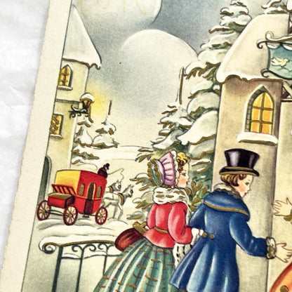 1950s - Antique French Bonne Année Postcard - Vintage Snowy Village Scene - New Year Greeting Card - Festive Winter Illustration Collectible