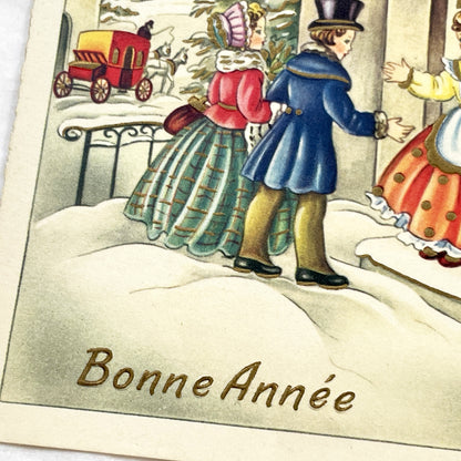1950s - Antique French Bonne Année Postcard - Vintage Snowy Village Scene - New Year Greeting Card - Festive Winter Illustration Collectible