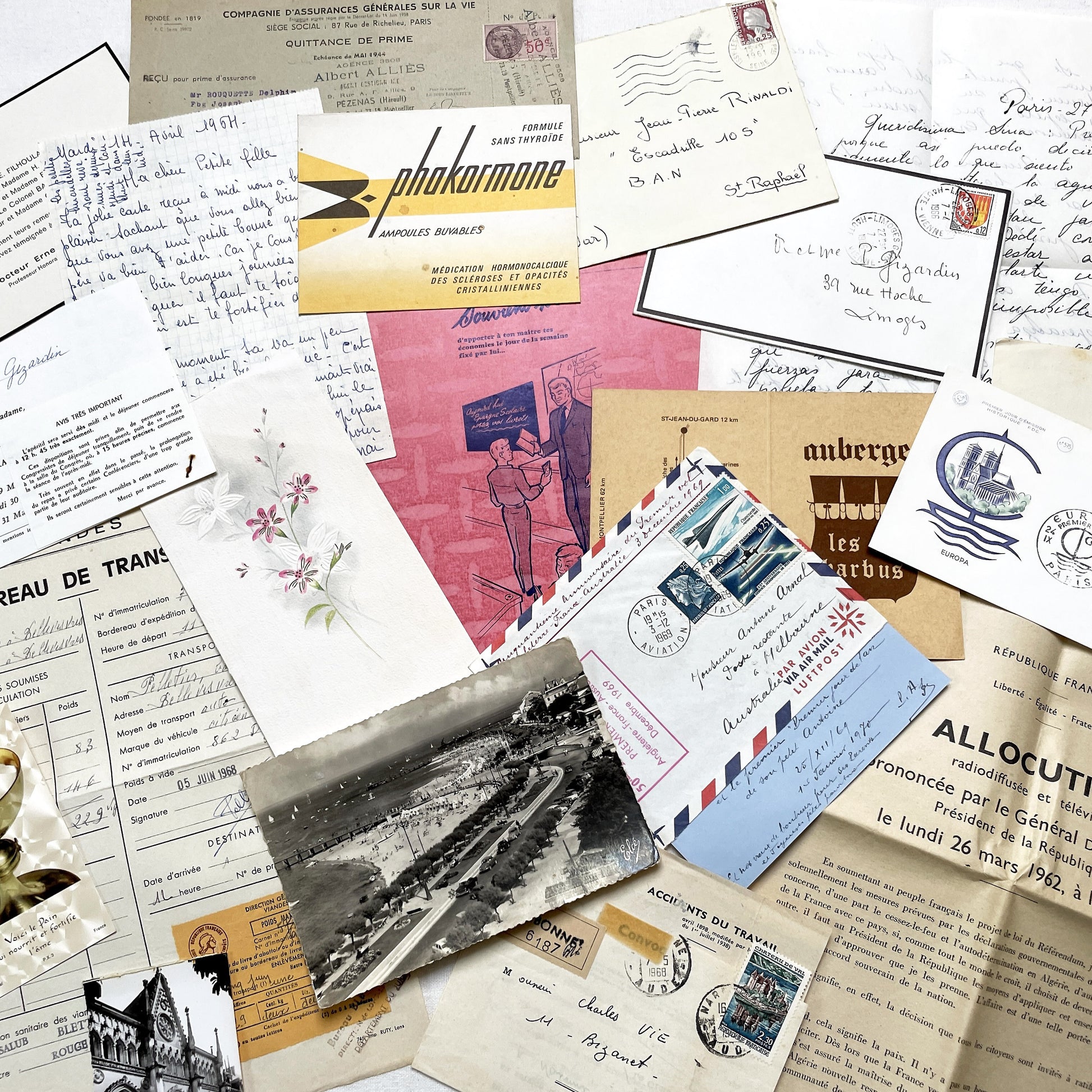 1960s - Vintage French Paper Ephemera Lot - Historic Letters - Postcards - Official Documents - Advertising - Mixed Media Collectibles
