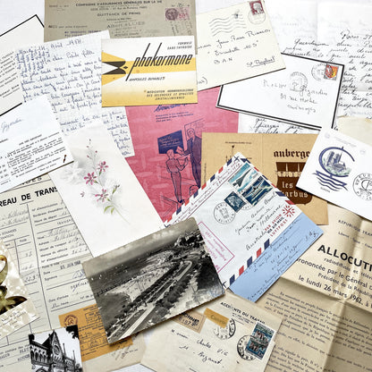 1960s - Vintage French Paper Ephemera Lot - Historic Letters - Postcards - Official Documents - Advertising - Mixed Media Collectibles
