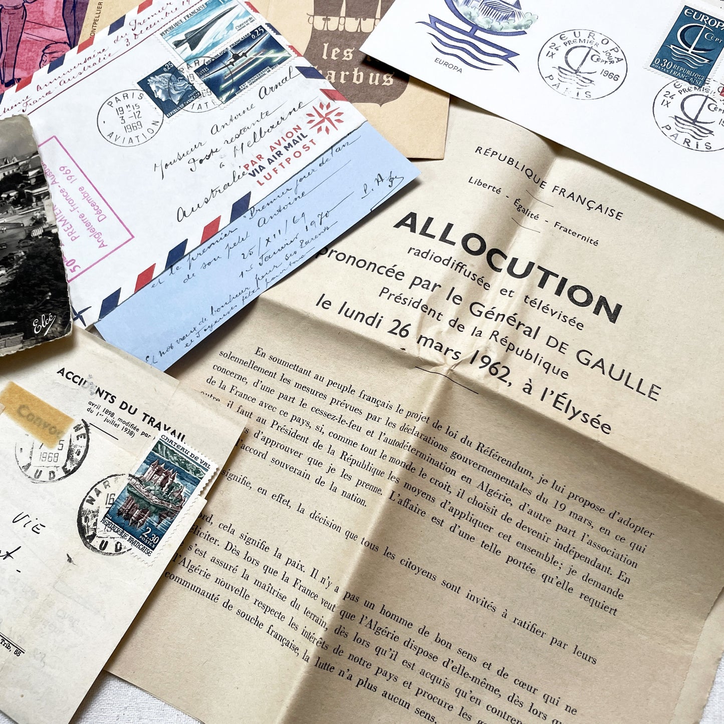 1960s - Vintage French Paper Ephemera Lot - Historic Letters - Postcards - Official Documents - Advertising - Mixed Media Collectibles