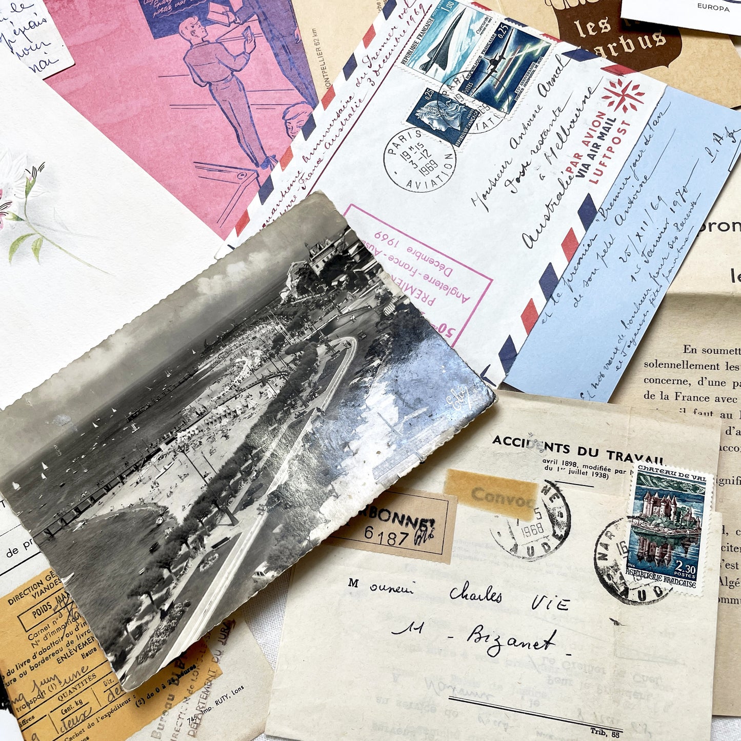 1960s - Vintage French Paper Ephemera Lot - Historic Letters - Postcards - Official Documents - Advertising - Mixed Media Collectibles