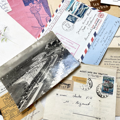 1960s - Vintage French Paper Ephemera Lot - Historic Letters - Postcards - Official Documents - Advertising - Mixed Media Collectibles