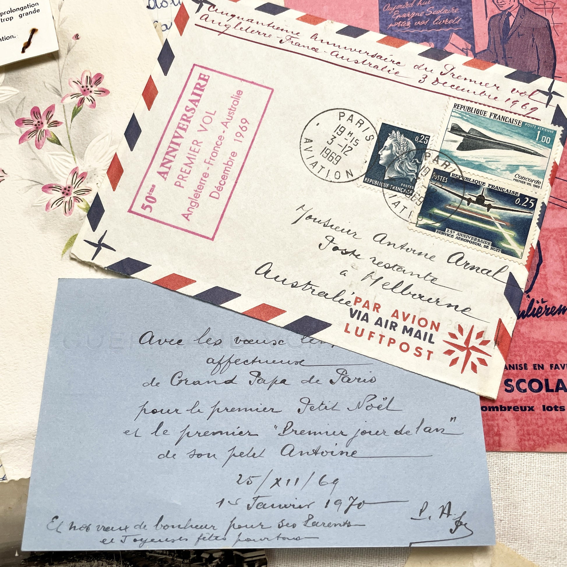 1960s - Vintage French Paper Ephemera Lot - Historic Letters - Postcards - Official Documents - Advertising - Mixed Media Collectibles