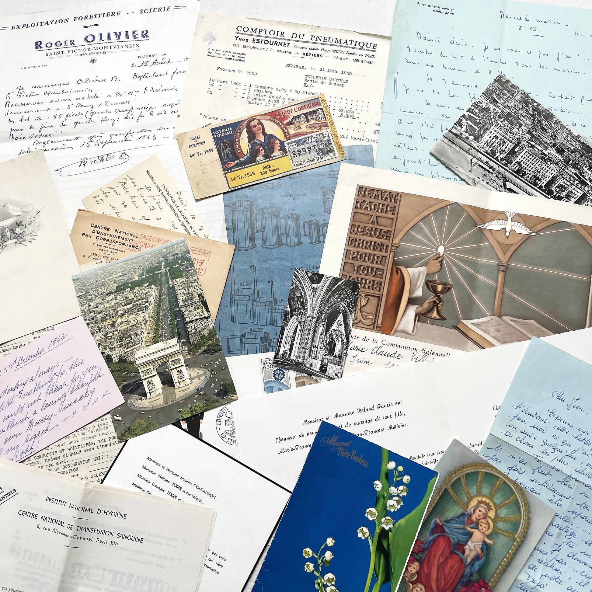 1960s - Vintage French Paper Ephemera Lot - Historic Letters - Postcards - Official Documents - Advertising - Mixed Media Collectibles