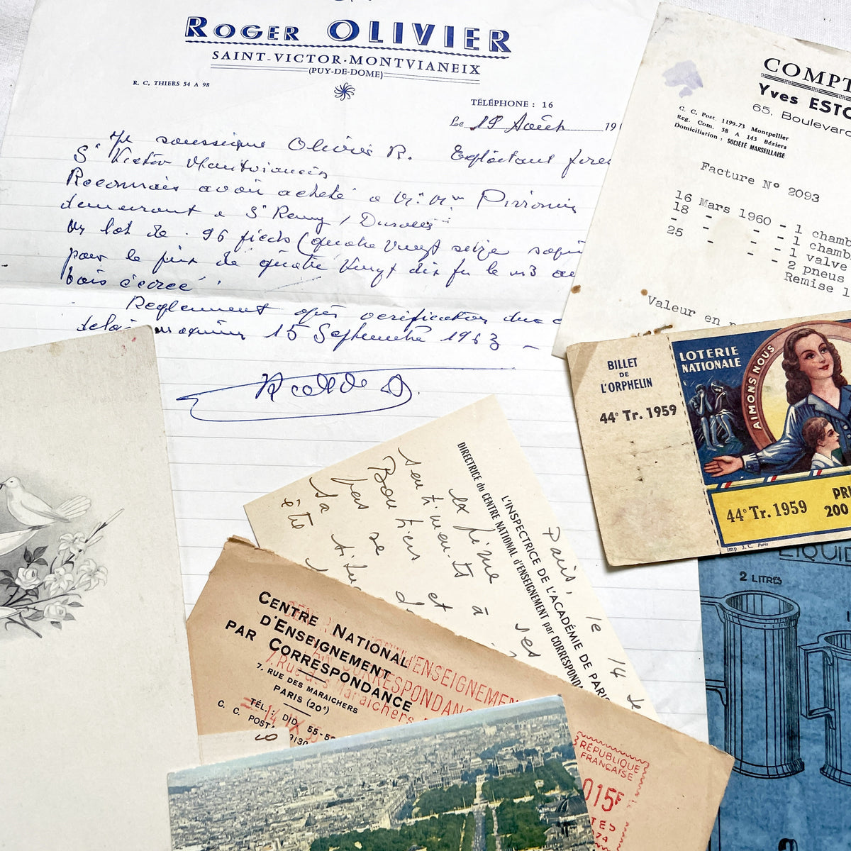 1960s - Vintage French Paper Ephemera Lot - Letters, Invoices, Postcards, Religious Cards, Ephemera - French Documents for Junk Journal