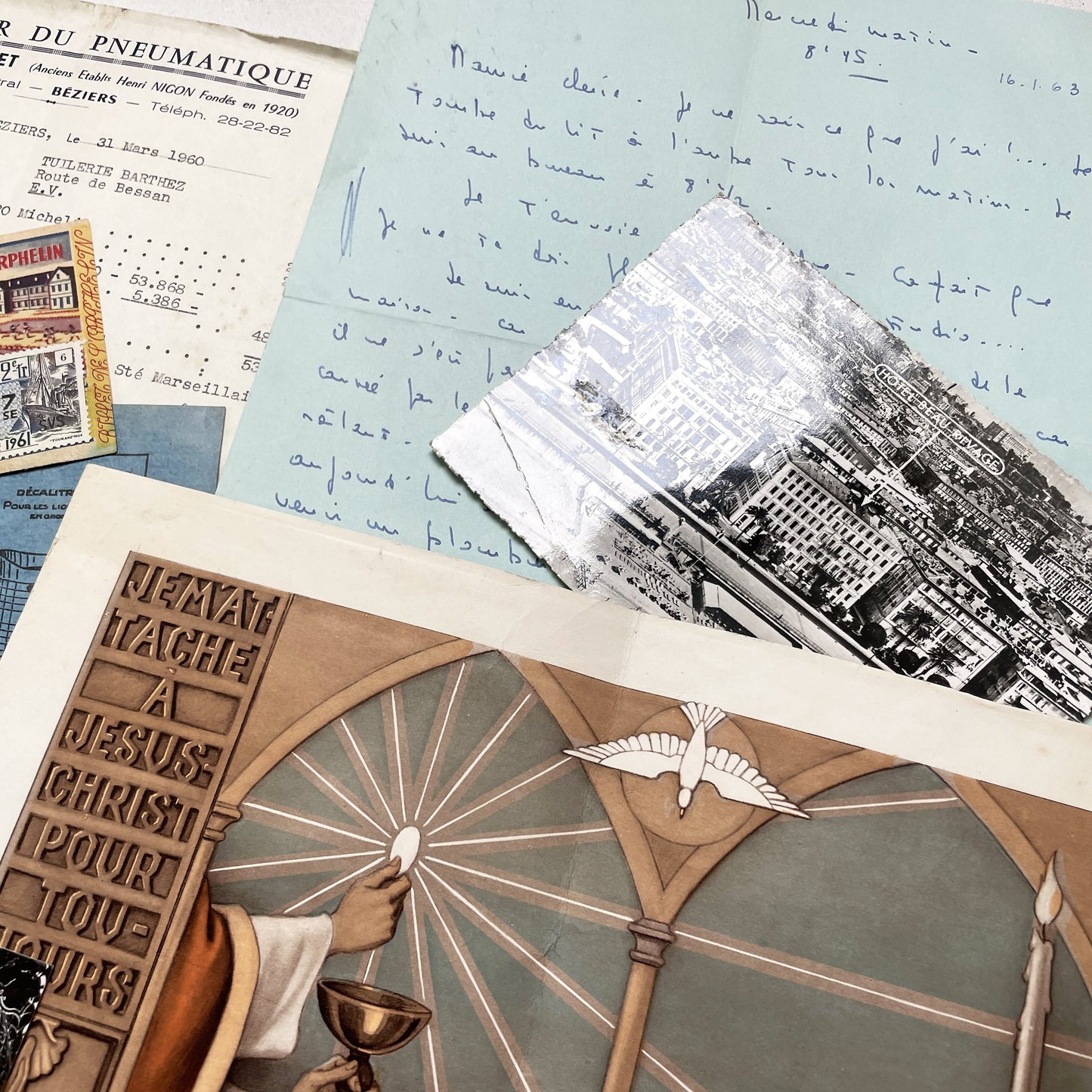 1960s - Vintage French Paper Ephemera Lot - Letters, Invoices, Postcards, Religious Cards, Ephemera - French Documents for Junk Journal