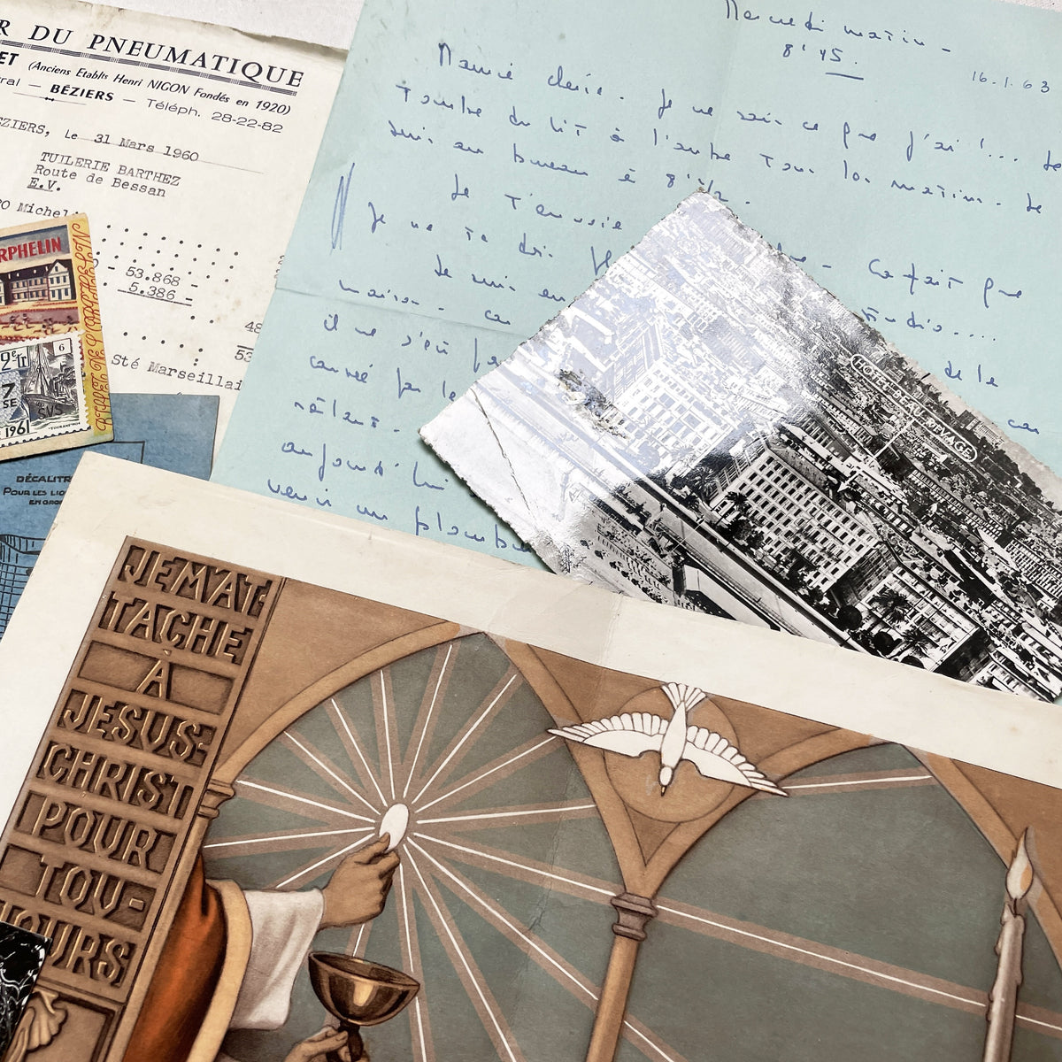 1960s - Vintage French Paper Ephemera Lot - Letters, Invoices, Postcards, Religious Cards, Ephemera - French Documents for Junk Journal