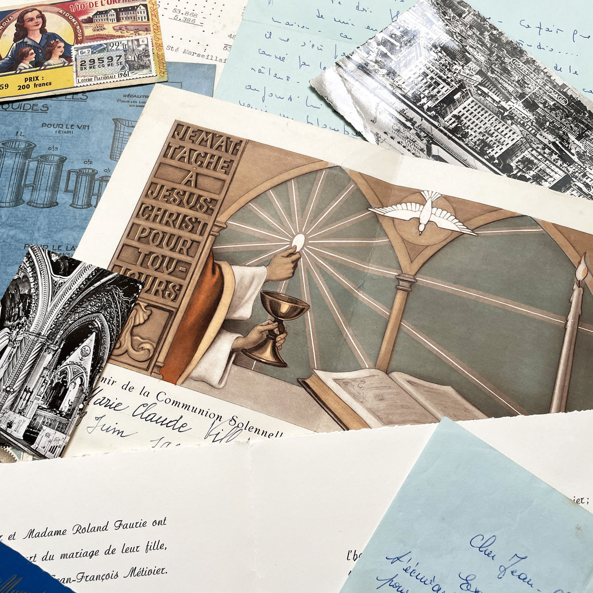 1960s - Vintage French Paper Ephemera Lot - Letters, Invoices, Postcards, Religious Cards, Ephemera - French Documents for Junk Journal