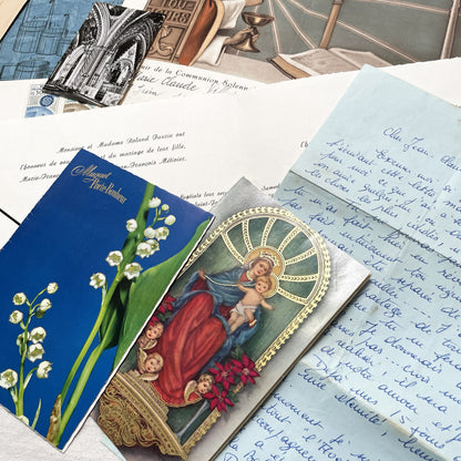 1960s - Vintage French Paper Ephemera Lot - Letters, Invoices, Postcards, Religious Cards, Ephemera - French Documents for Junk Journal