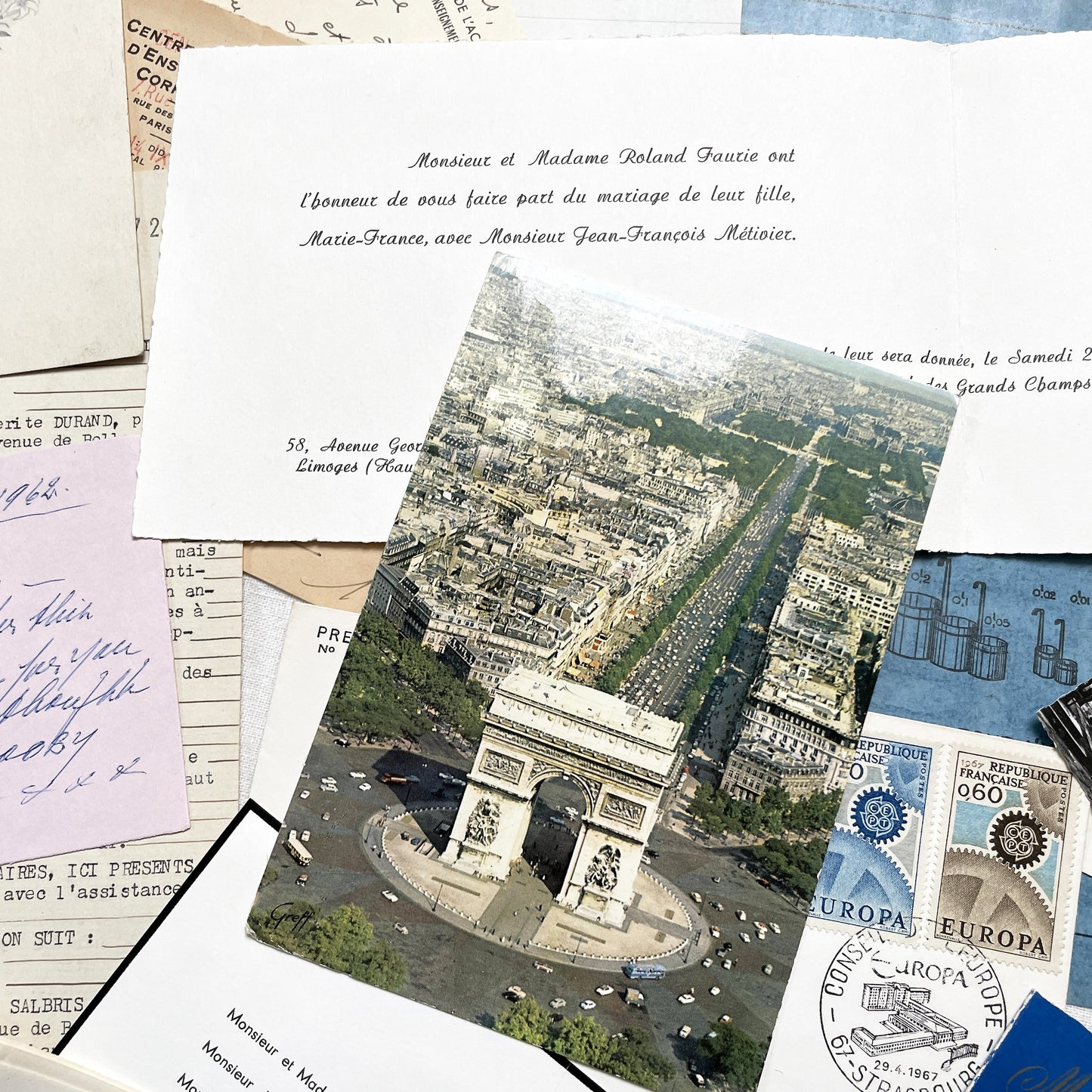 1960s - Vintage French Paper Ephemera Lot - Letters, Invoices, Postcards, Religious Cards, Ephemera - French Documents for Junk Journal
