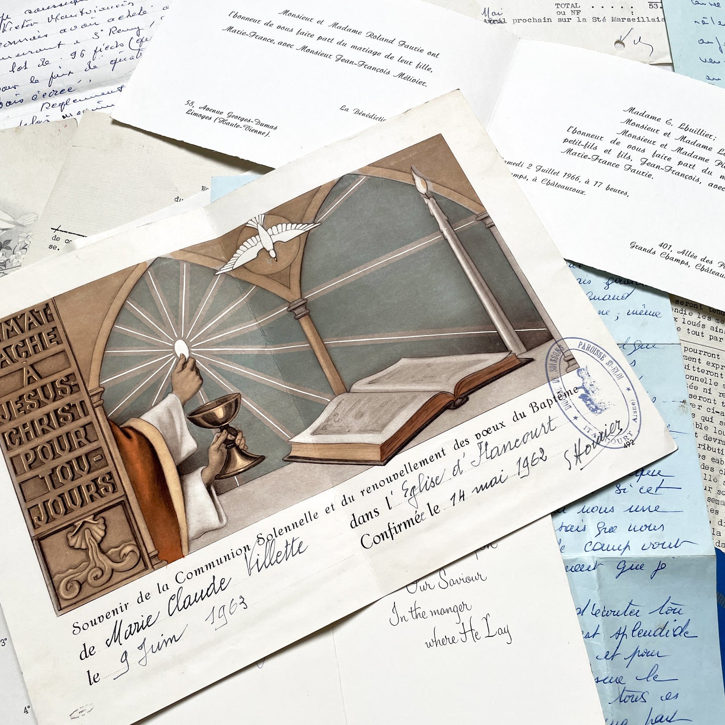 1960s - Vintage French Paper Ephemera Lot - Letters, Invoices, Postcards, Religious Cards, Ephemera - French Documents for Junk Journal
