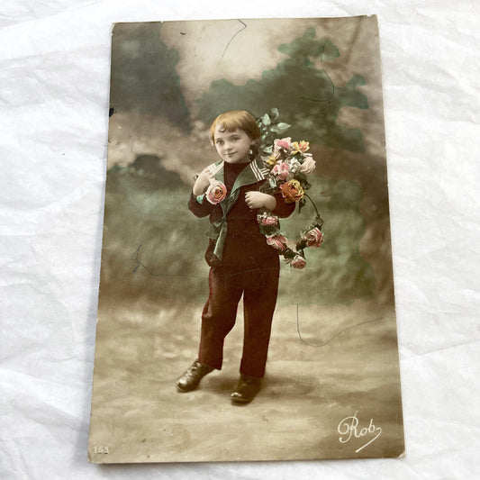 1900s - Vintage 1900s Hand-Colored Postcard - Little Boy in Sailor Suit with Rose Garland - Roby Signed Photo Card