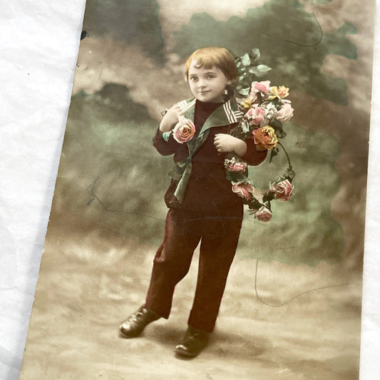 1900s - Vintage 1900s Hand-Colored Postcard - Little Boy in Sailor Suit with Rose Garland - Roby Signed Photo Card