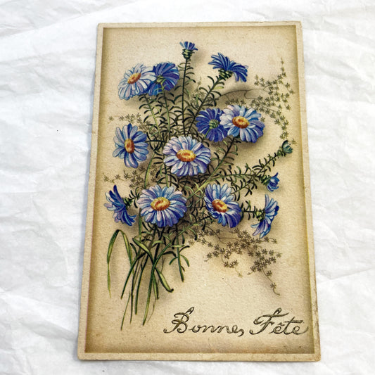 1940s - Vintage Postcard Floral Bouquet - Blue Aster Flowers Bonne Fête - French Greeting Card - Antique Ephemera Collectible Paper Art