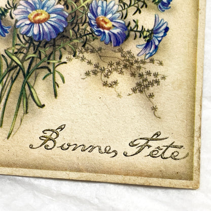 1940s - Vintage Postcard Floral Bouquet - Blue Aster Flowers Bonne Fête - French Greeting Card - Antique Ephemera Collectible Paper Art
