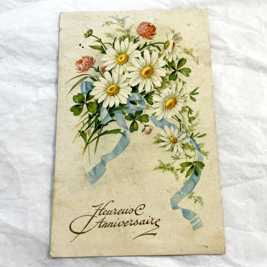 1940s - Vintage French Postcard - Floral Bouquet Daisy Clover - Blue Ribbon Greeting - Happy Anniversary Ephemera - Antique Collectible