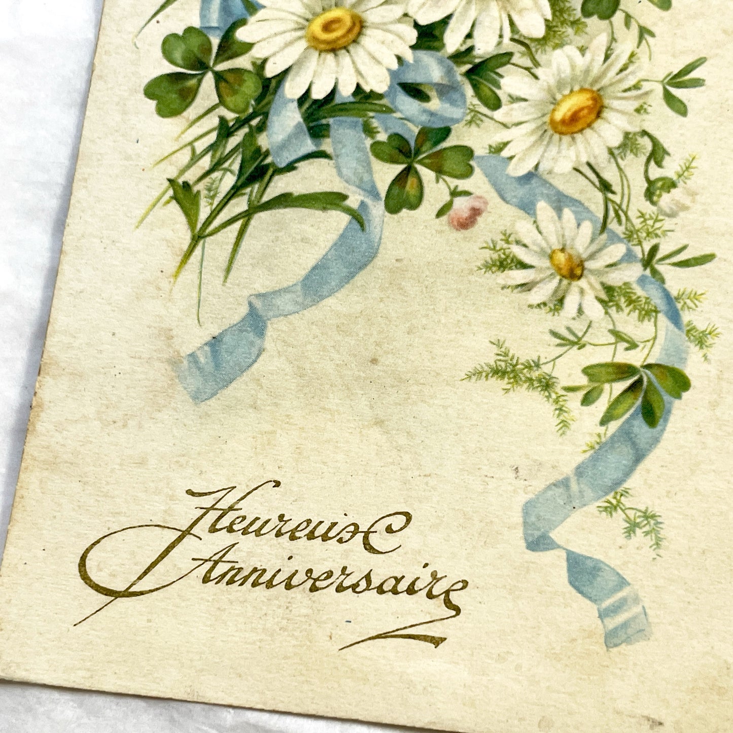 1940s - Vintage French Postcard - Floral Bouquet Daisy Clover - Blue Ribbon Greeting - Happy Anniversary Ephemera - Antique Collectible
