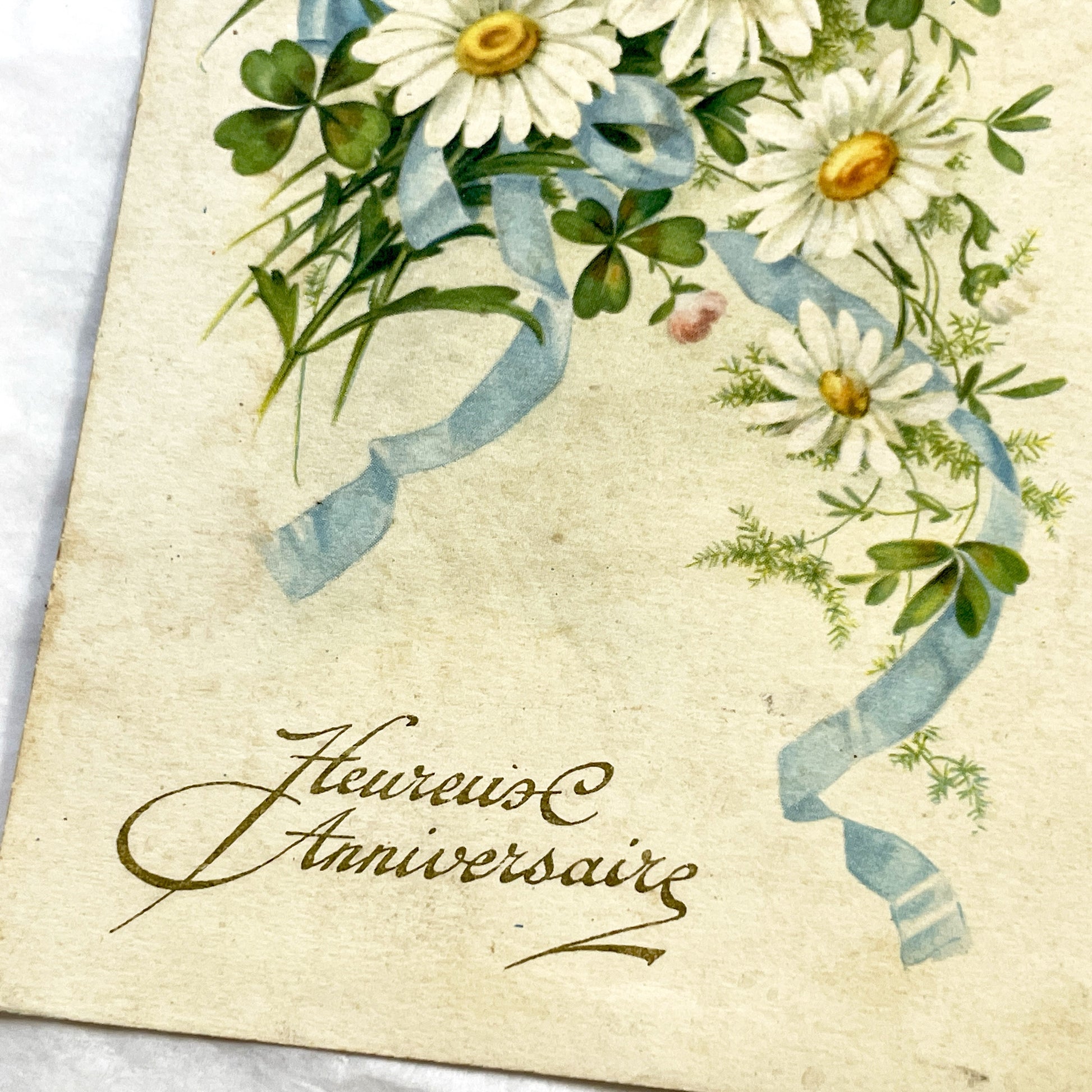 1940s - Vintage French Postcard - Floral Bouquet Daisy Clover - Blue Ribbon Greeting - Happy Anniversary Ephemera - Antique Collectible