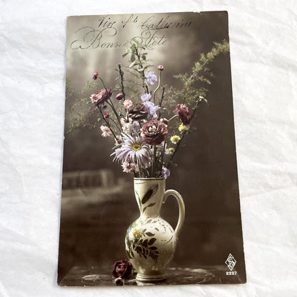 1910s - French Sainte Catherine Postcard - Hand-Tinted Floral Still Life - Vintage Greeting Card - Antique French Catherinettes Day Ephemera