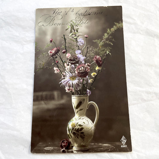 1910s - French Sainte Catherine Postcard - Hand-Tinted Floral Still Life - Vintage Greeting Card - Antique French Catherinettes Day Ephemera