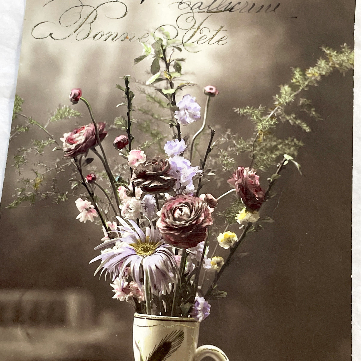 1910s - French Sainte Catherine Postcard - Hand-Tinted Floral Still Life - Vintage Greeting Card - Antique French Catherinettes Day Ephemera