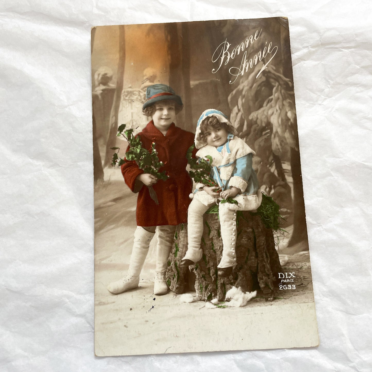 1900s - Antique French New Year Postcard - Charming Children in Winter Scene - Hand-Colored Sepia Photograph - Dix Paris