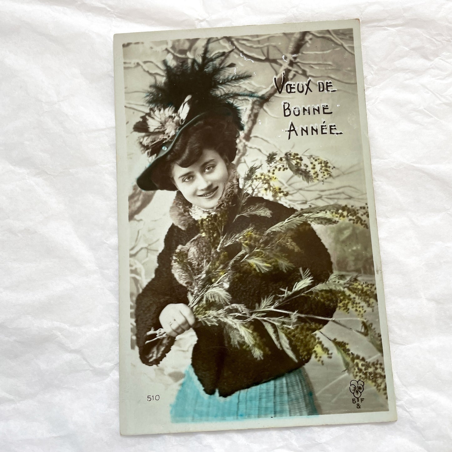 1900s - Vintage French New Year Postcard - Edwardian Woman With Mimosa - Hand Tinted Floral Greeting Card - Collectible Antique Ephemera