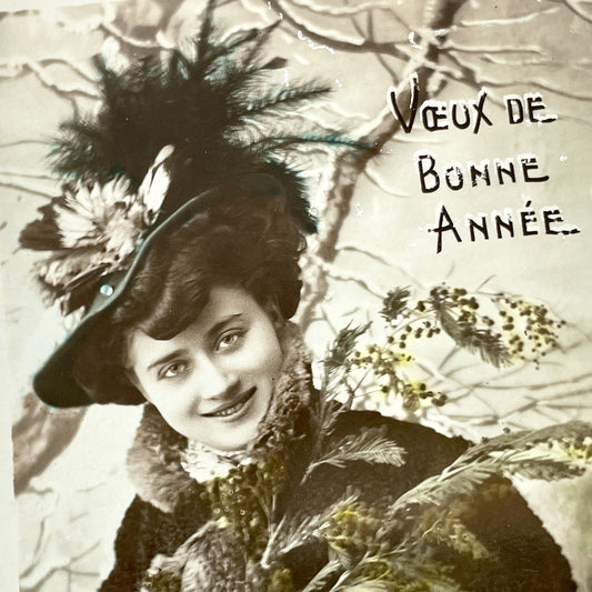 1900s - Vintage French New Year Postcard - Edwardian Woman With Mimosa - Hand Tinted Floral Greeting Card - Collectible Antique Ephemera