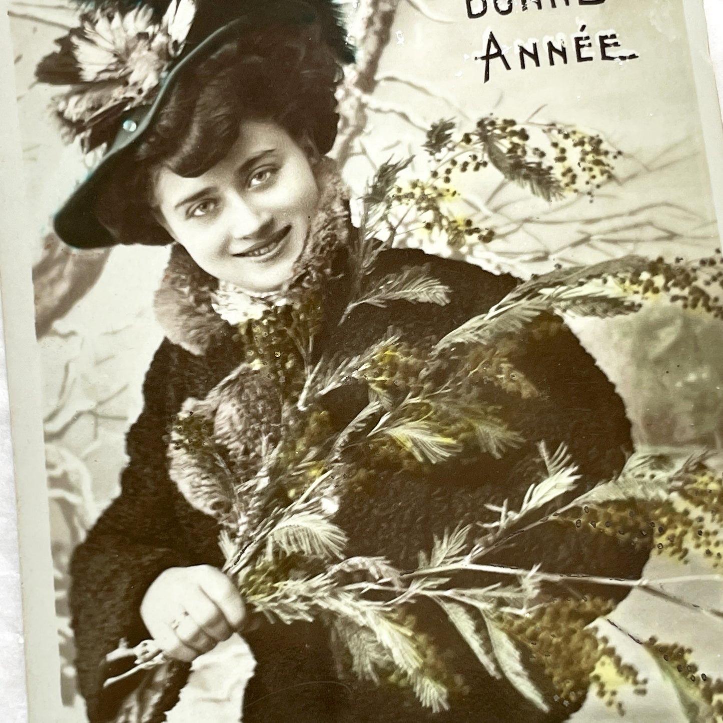 1900s - Vintage French New Year Postcard - Edwardian Woman With Mimosa - Hand Tinted Floral Greeting Card - Collectible Antique Ephemera