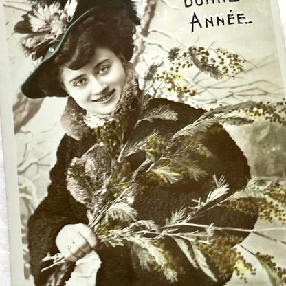 1900s - Vintage French New Year Postcard - Edwardian Woman With Mimosa - Hand Tinted Floral Greeting Card - Collectible Antique Ephemera