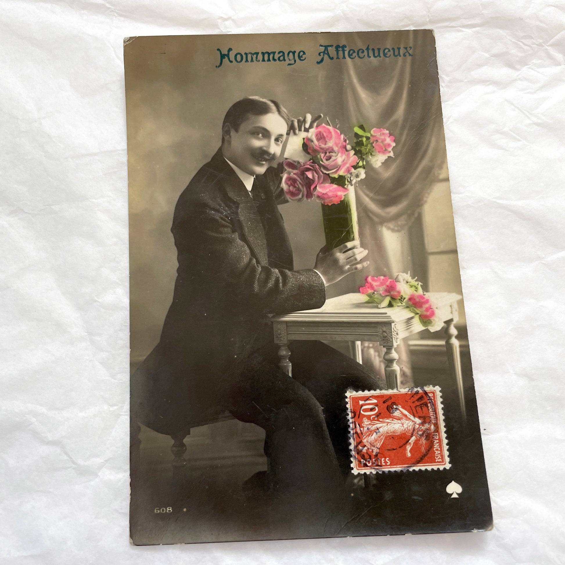 1910s - Hommage Affectueux Postcard - French Sepia Photo Man with Roses - Antique Sentimental Greeting Card Collectible - Art Nouveau