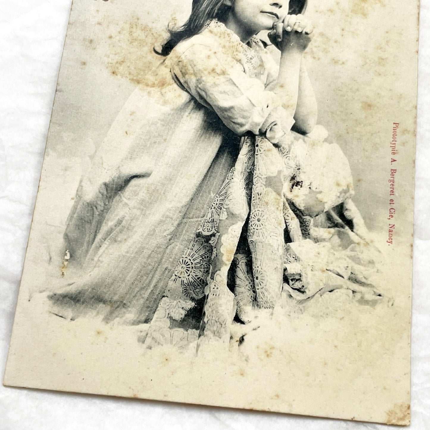 1900s - Antique French Postcard - Praying Child Portrait - La Foi Religious Ephemera - Bergeret Nancy - Handwritten Message - Vintage Photo