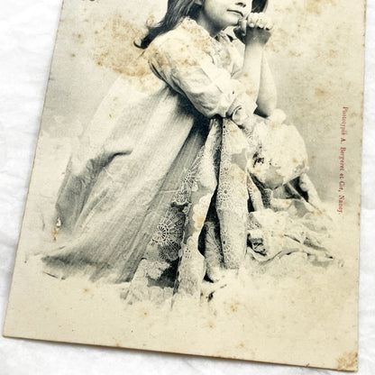 1900s - Antique French Postcard - Praying Child Portrait - La Foi Religious Ephemera - Bergeret Nancy - Handwritten Message - Vintage Photo