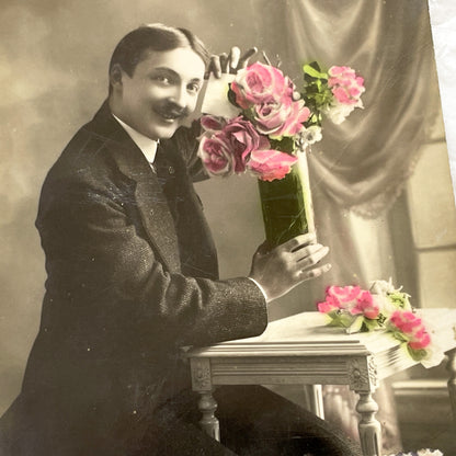 1910s - Hommage Affectueux Postcard - French Sepia Photo Man with Roses - Antique Sentimental Greeting Card Collectible - Art Nouveau