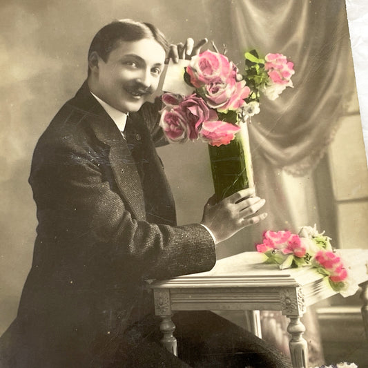 1910s - Hommage Affectueux Postcard - French Sepia Photo Man with Roses - Antique Sentimental Greeting Card Collectible - Art Nouveau