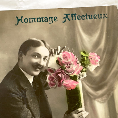 1910s - Hommage Affectueux Postcard - French Sepia Photo Man with Roses - Antique Sentimental Greeting Card Collectible - Art Nouveau