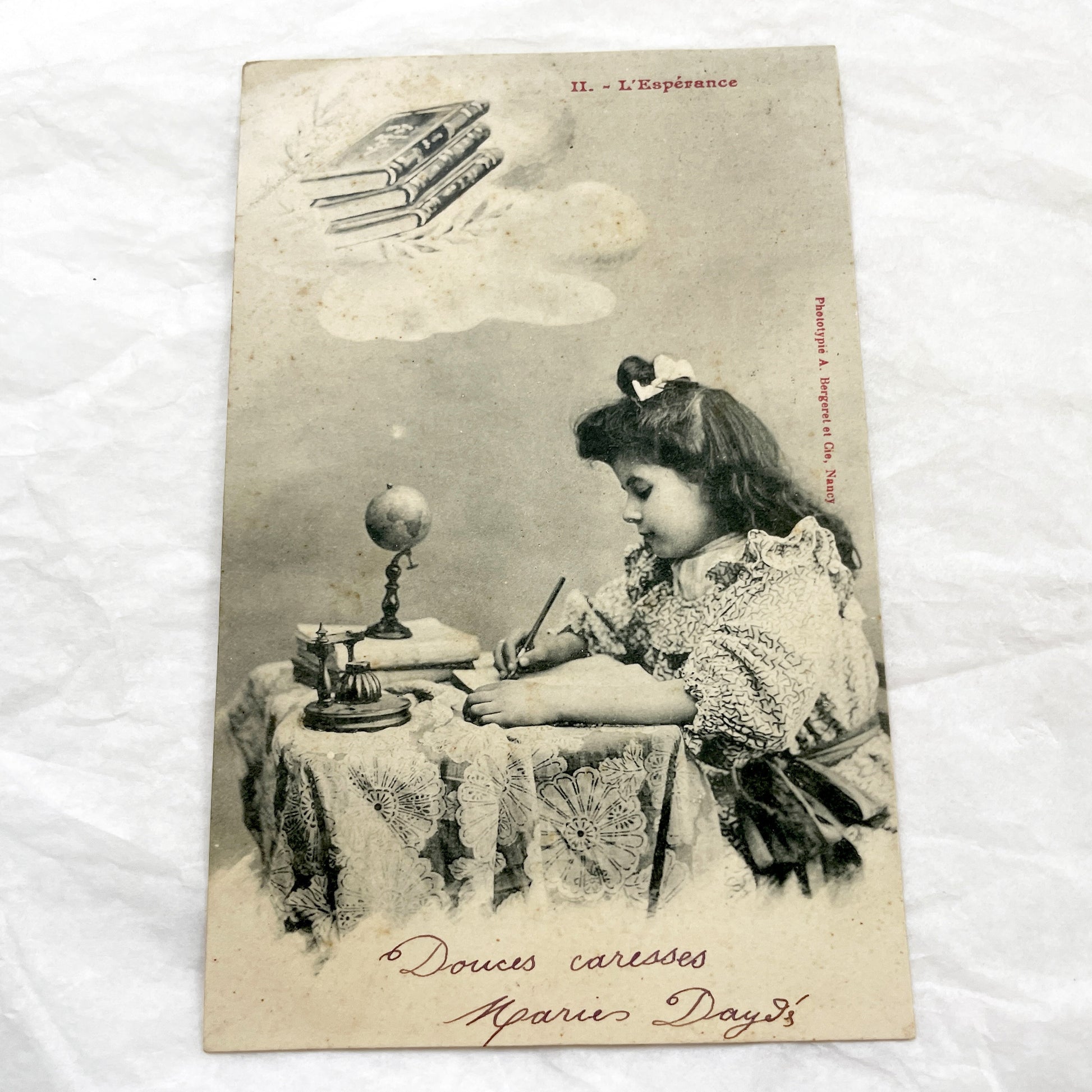 1900s - Antique French Phototypie Postcard - Young Girl Writing At Desk - L'Espérance Hope Theme - Bergeret Publisher - Education Scene
