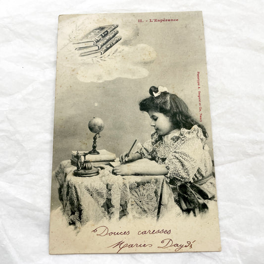 1900s - Antique French Phototypie Postcard - Young Girl Writing At Desk - L'Espérance Hope Theme - Bergeret Publisher - Education Scene