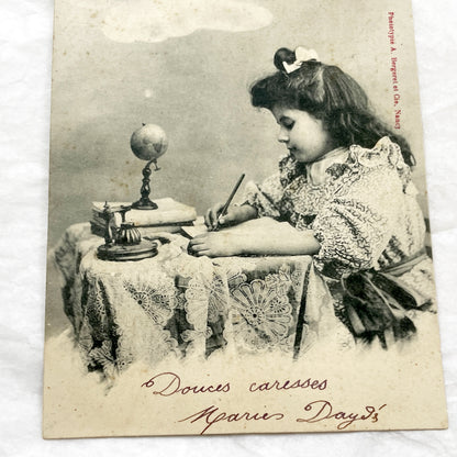 1900s - Antique French Phototypie Postcard - Young Girl Writing At Desk - L'Espérance Hope Theme - Bergeret Publisher - Education Scene