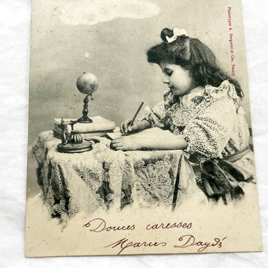 1900s - Antique French Phototypie Postcard - Young Girl Writing At Desk - L'Espérance Hope Theme - Bergeret Publisher - Education Scene