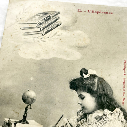1900s - Antique French Phototypie Postcard - Young Girl Writing At Desk - L'Espérance Hope Theme - Bergeret Publisher - Education Scene