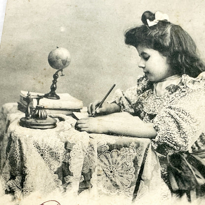 1900s - Antique French Phototypie Postcard - Young Girl Writing At Desk - L'Espérance Hope Theme - Bergeret Publisher - Education Scene