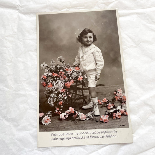 1910s - Antique Child Photo - Hand Colored Postcard - Sailor Suit Boy with Flowers - Vintage Floral Ephemera - Collectible Card