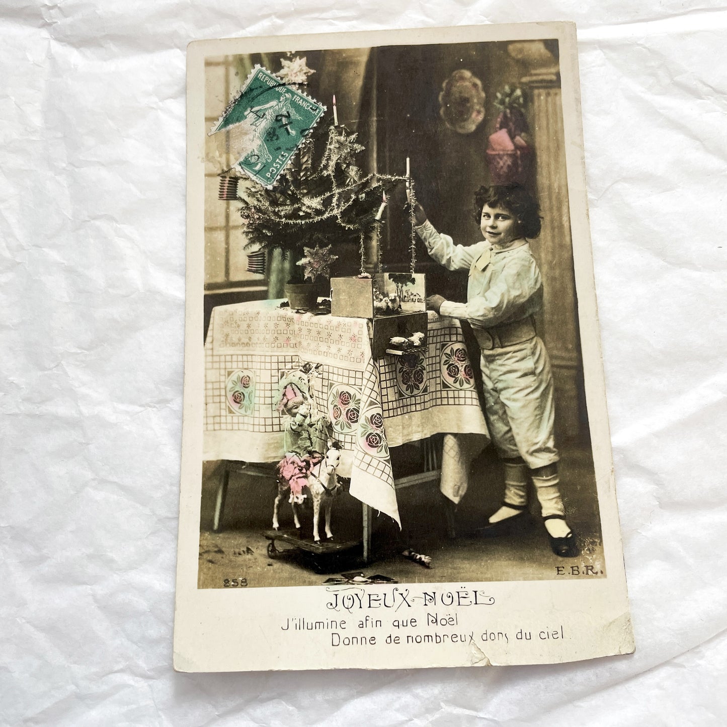 1900s - Antique French Christmas Postcard - Joyeux Noel Child Decorating Tree - Hand Colored Sepia Photo Holiday Greeting Card