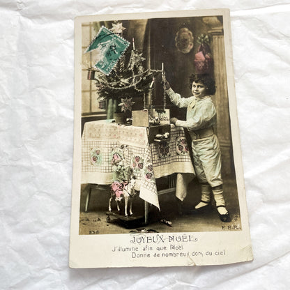 1900s - Antique French Christmas Postcard - Joyeux Noel Child Decorating Tree - Hand Colored Sepia Photo Holiday Greeting Card