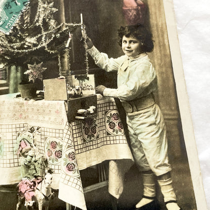 1900s - Antique French Christmas Postcard - Joyeux Noel Child Decorating Tree - Hand Colored Sepia Photo Holiday Greeting Card